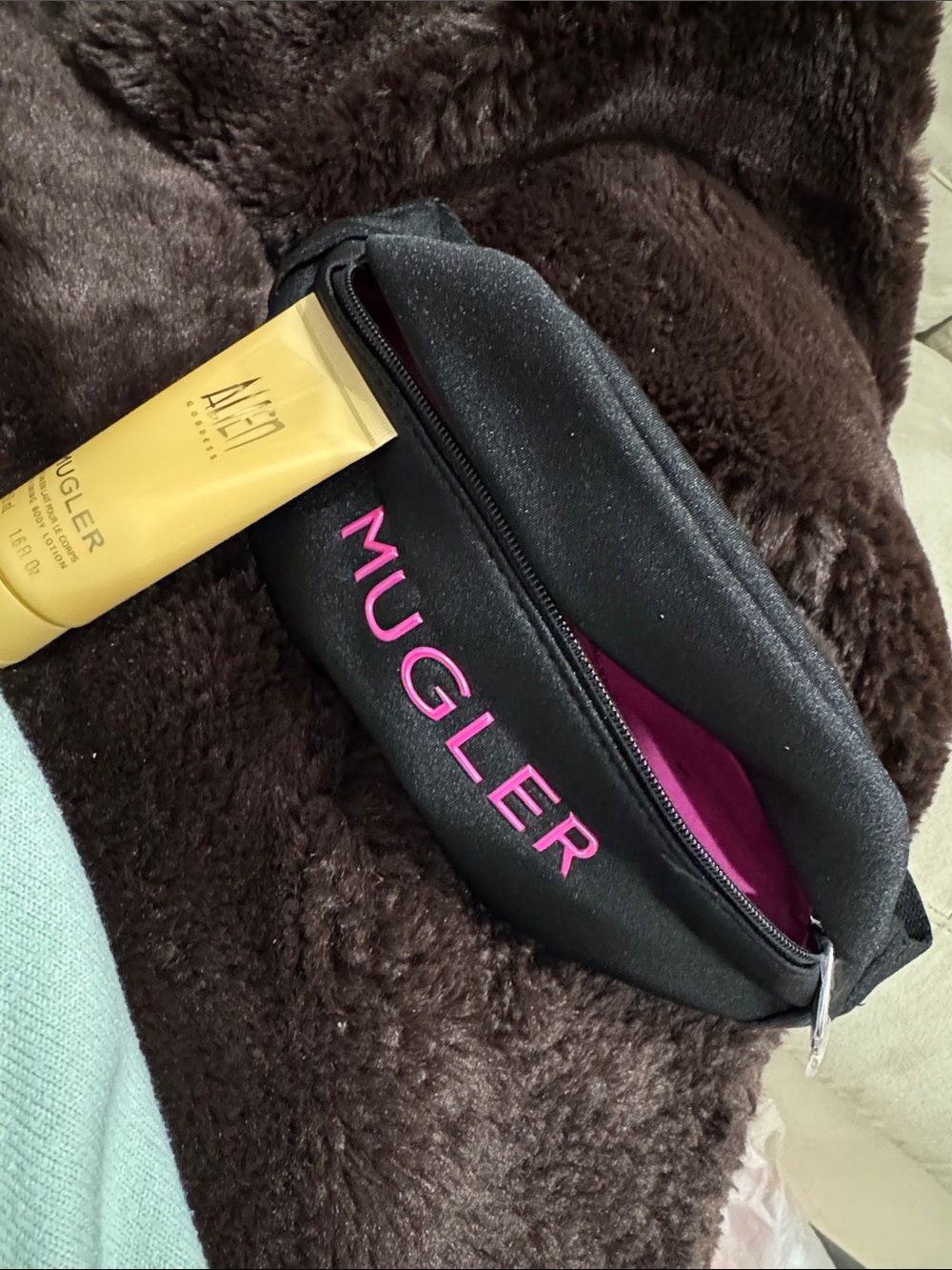 Mugler Black Belt Bag with Pink Logo and Pink Interior